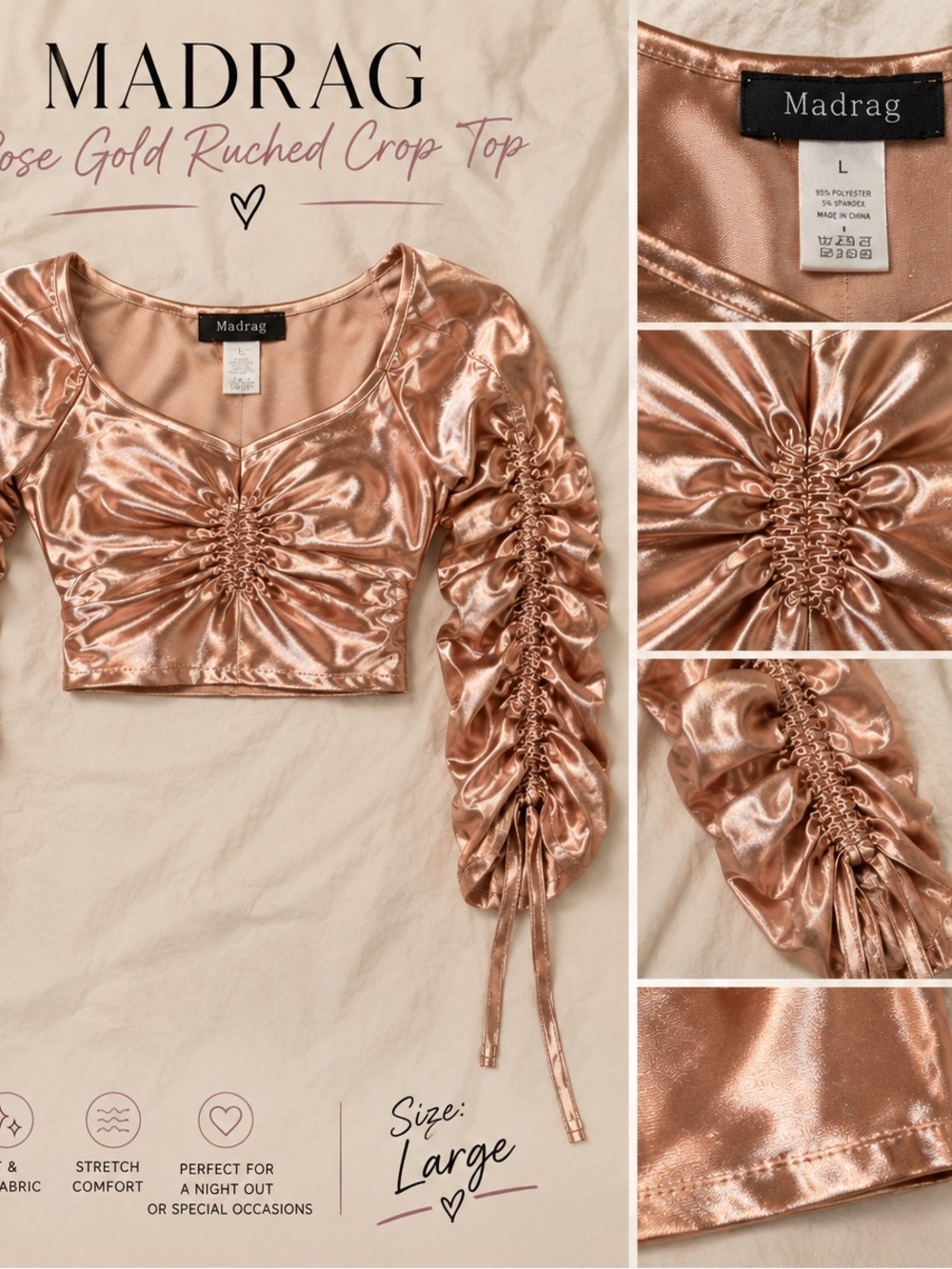 adidas Metallic Rose Gold Ruched Crop Top